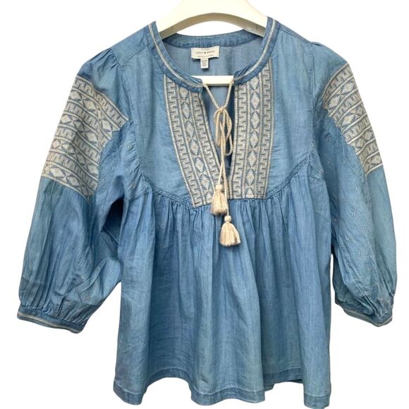 Lucky Brand Top Blue Chambray Denim Cotton Boho Embroided Crop Peplum Tunic - Picture 1 of 7